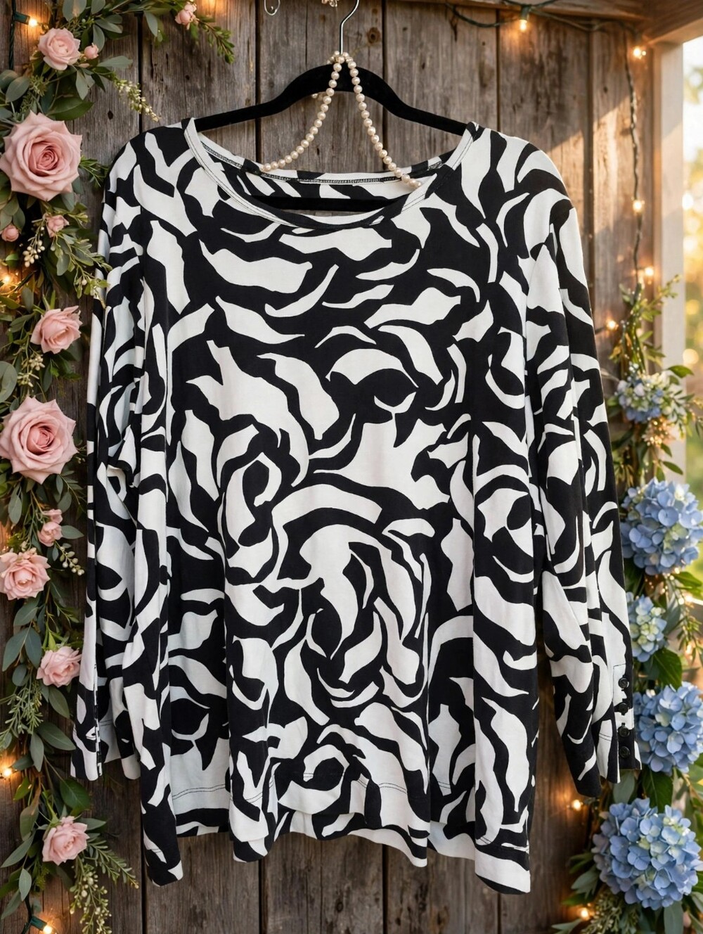 Chico's Top Size 4 XXL Black White Print Long Sleeve Pima Cotton